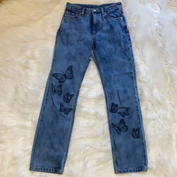 🍒[ X-Girl ] Butterfly Print Acid Wash Straight Leg Jeans - Picture 6 of 15